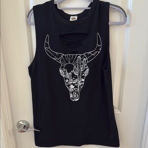 Black Sleeveless Top with Bull Skull Design